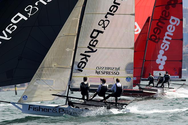 Fisher and Paykel and smeg battle on the run to wing mark - JJ Giltinan 18ft Skiff Championship 2014 © Australian 18 Footers League http://www.18footers.com.au
